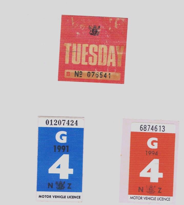 Name:  NZ Number Plates #6 Registration stickers 1991 and 1994 Carless Day sticker Tuesday 1979-80  .jpg
Views: 1591
Size:  36.6 KB