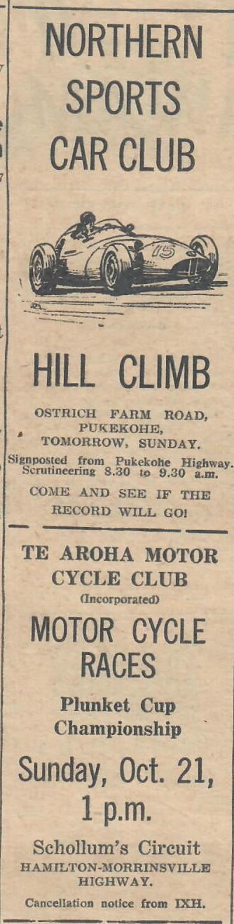 Name:  NSCC 1962 #151 Hill Climb Ostrich Farm Rd and Te Aroha MC Races Advert Sunday Graham Woods .jpg
Views: 1100
Size:  78.2 KB
