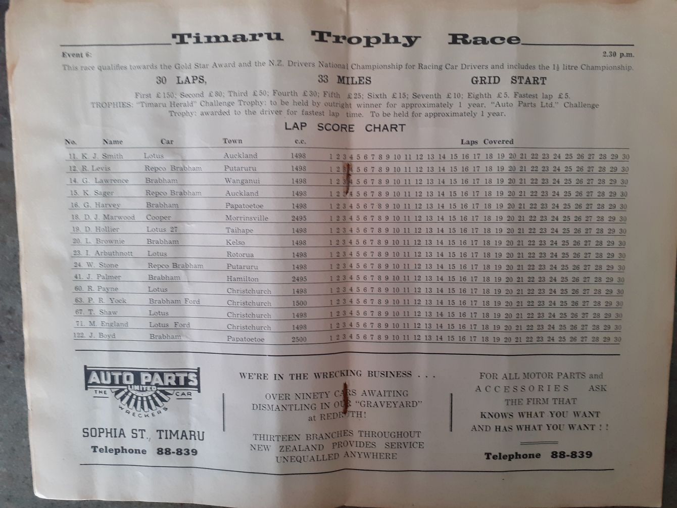 Name:  Timaru 1967 #136 Timaru Trophy Race 30 laps 2;30 p.m Event 6 Entry List w Lap Chart Programme P .jpg
Views: 125
Size:  179.4 KB